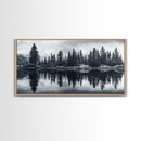 Pine tree reflection, moody art, mountain painting, pine tree art, rustic decor, panoramic art, extra wide art, framed canvas print