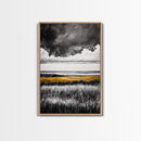 Moody Landscape, dramatic clouds, black and white, gold fields, panoramic art, rustic decor, framed canvas print, extra wide art