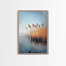 Lake Reeds Reflection, wabi sabi art, minimalist art, coastal decor, coastal landscape art, nautical painting, Framed Canvas Print