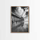 Pier reflection, seascape painting, nautical decor, rustic wall art, black and white photography, extra wide art, framed canvas print