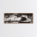 Western Hat Art, Black and White Art, Framed Canvas Print, Rustic Wall Art, Wabi Sabi Art, Extra Wide Art, Minimalist Art
