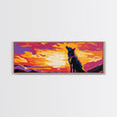 Colorful Wolf Art, sunset animal painting, moody art, pink orange wall art, extra wide art, framed canvas print, panoramic painting
