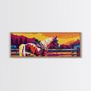 Western horse, saddle, cowboy, sunset, rustic wall art, panoramic art, framed canvas print, extra wide art, horse wall art