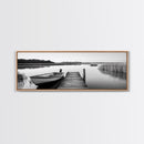 Boat On Dock, Nautical Wall Art, Framed Canvas Print, Coastal Landscape Art, Rustic Decor, Extra Wide Art, Minimalist Art, Bedroom Art
