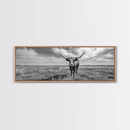 Texas Longhorn, Rustic Wall Art, Canvas Print, Farmhouse Art, Western Decor, Above Bed Art, Extra Wide Art, Moody Black And White Art