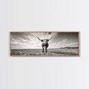 Longhorn, western landscape, bull and bear art, panoramic art, extra wide art, rustic wall art, framed canvas print, farmhouse decor, moody art