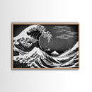 Black and White Wave Canvas Print, Hokusai Inspired Wall Art, Woodblock Print Style, Wall Art, Vintage Style Wall Art