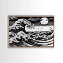 Black and White Wave Canvas Print, Hokusai Inspired Wall Art, Woodblock Print Style, Wall Art, Vintage Style Wall Art
