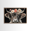 Framed Highland Cow With Flowers Painting canvas print Farmhouse art Cattle Wooden background Country wall art Cow print Rustic Wall Art
