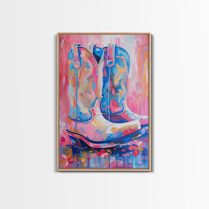 Blue and Pink Cowboy Boots with Floral Background - Framed Canvas Print, Rustic Western Wall Art, Vibrant Boot Art for Home Decor