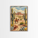 Cowboy Riding in Desert Landscape with Cacti - Framed Canvas Print, Western Art, Southwestern Decor, Desert Scene Wall Art for Home