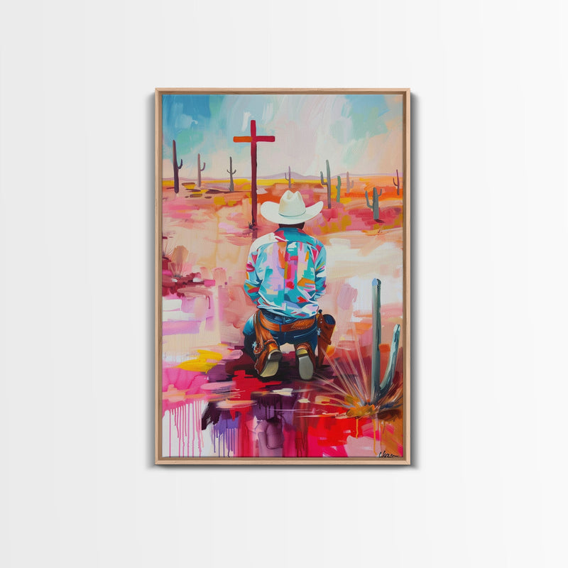 Abstract Cowboy Kneeling by Cross Art - Framed Canvas Print, Modern Southwestern Decor, Vibrant Living Room Wall Art