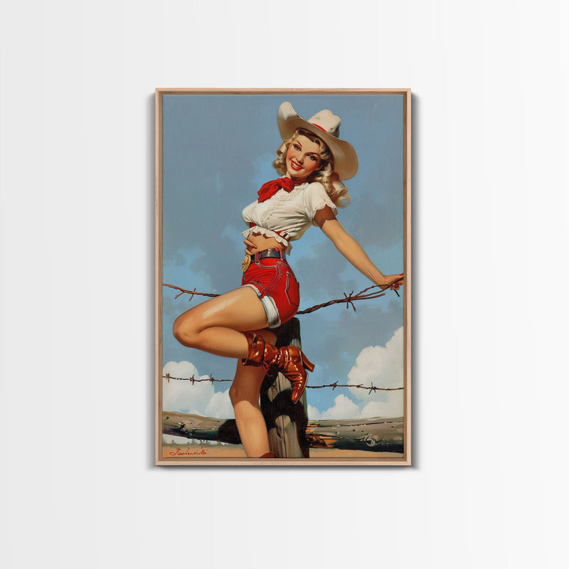 Vintage Cowgirl Pin-Up Art Print, Retro Western Framed Canvas, Classic