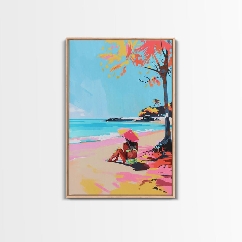 Woman Relaxing on the Beach Under a Parasol - Framed Canvas Print, Summer Vibes Wall Art, Relaxation Decor for Bedroom