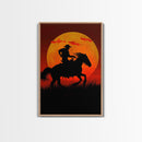 Action Cowboy Silhouette on Horse at Sunset | Framed Canvas Print | Western Wall Art | Dramatic Cowboy Wall Art for Home Decor