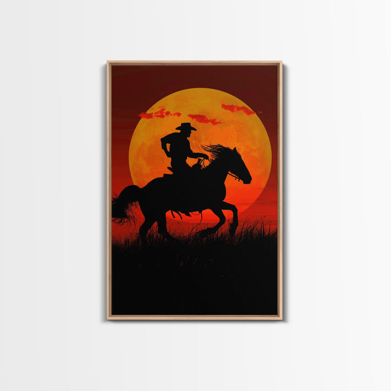 Action Cowboy Silhouette on Horse at Sunset | Framed Canvas Print | Western Wall Art | Dramatic Cowboy Wall Art for Home Decor