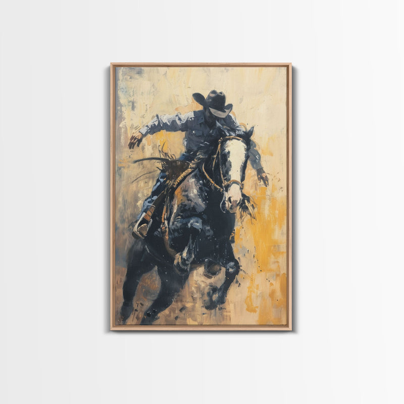 Action-Packed Cowboy on Horseback - Framed Canvas Print, Western Wall Art, Rustic Decor, Living Room and Bedroom Art Print