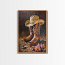 Classic Cowboy Hat and Boots Art - Framed Canvas Print, Rustic Bedroom Decor, Cowboy Themed Wall Art for Home, Western Artwork
