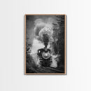 Steam Locomotive in the Forest Black and White Photography - Framed Canvas Print, Railroad Art, Vintage Train Wall Art for Home