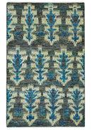 5x8 Traditional Ikat design Charcoal, Blue and Beige Hand knotted wool area rug