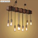 GobekUsa 10-Head Metal Pendant Lamp with Exposed Bulbs and Wood Beam in Brown Finish
