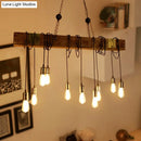 GobekUsa 10-Head Metal Pendant Lamp with Exposed Bulbs and Wood Beam in Brown Finish