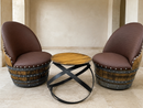 Whiskey & Wine Barrel Lounge Chair — Hidden Storage, Memory Foam, Checkered Brown Upholstery (Limited)