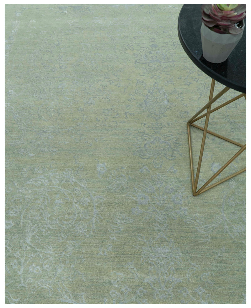 8X10 Fine Hand Knotted Green And Gray Modern abstract Design Wool and Art Silk Rug