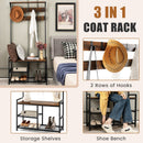 3-In-1 Industrial Coat Rack Stand with 9 Hooks Shoe Bench
