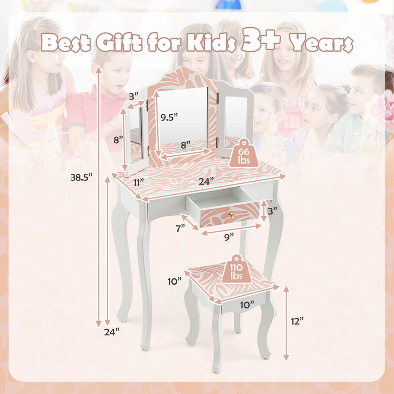 2-in-1 Kids Vanity Table Set with Tri-folding Mirror-Pink, photo 5 of 8