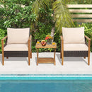 3 Pieces Patio Wicker Furniture Set with 2-Tier Side Table and Cushioned Armchairs-Natural by DirectDeals