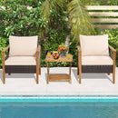 3 Pieces Patio Wicker Furniture Set with 2-Tier Side Table and Cushioned Armchairs-Natural by LJGDeals