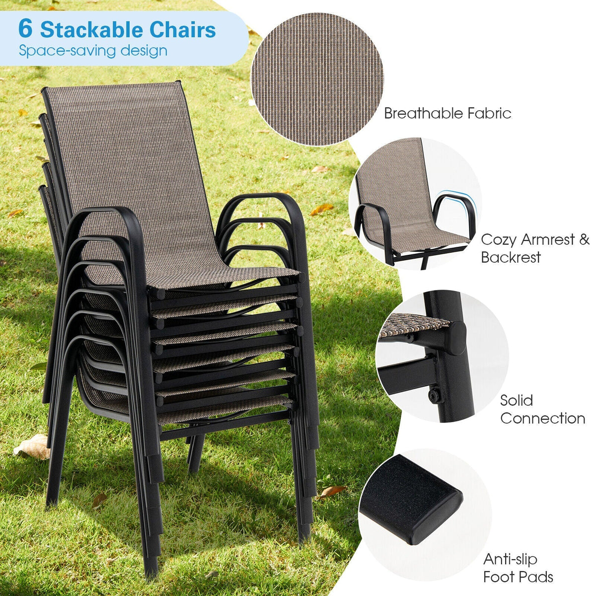 6 Pieces Patio Stackable Dining Chairs with Curved Armrests and Breathable Fabric, photo 3 of 8