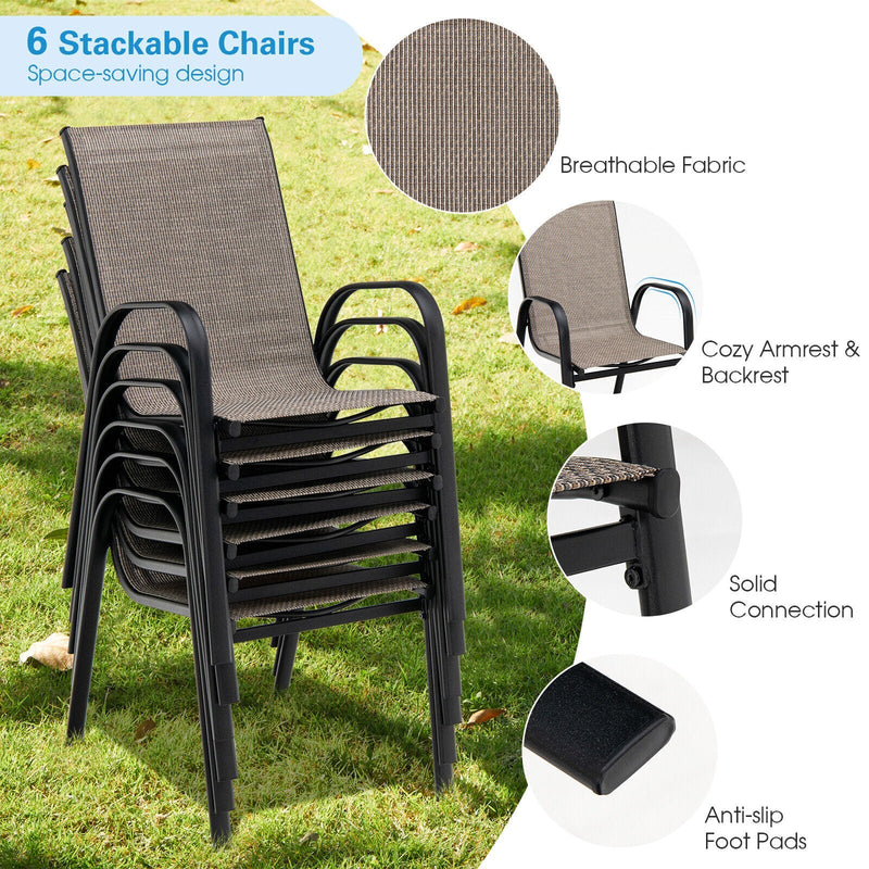 6 Pieces Patio Stackable Dining Chairs with Curved Armrests and Breathable Fabric, photo 3 of 8