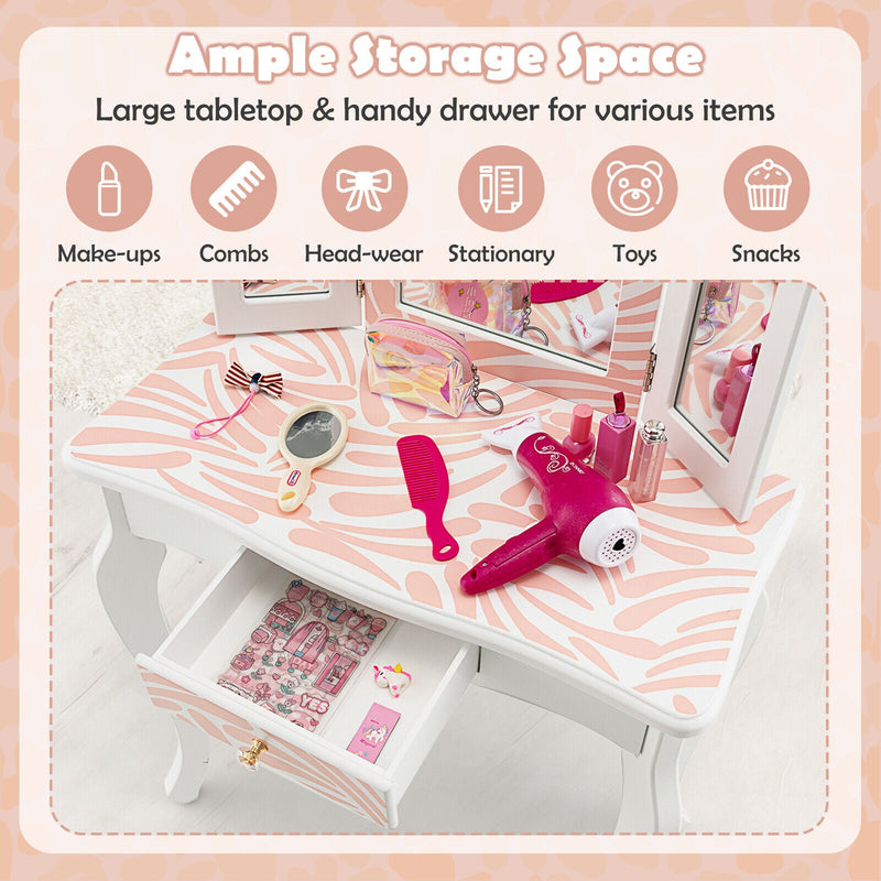 2-in-1 Kids Vanity Table Set with Tri-folding Mirror-Pink, photo 6 of 8