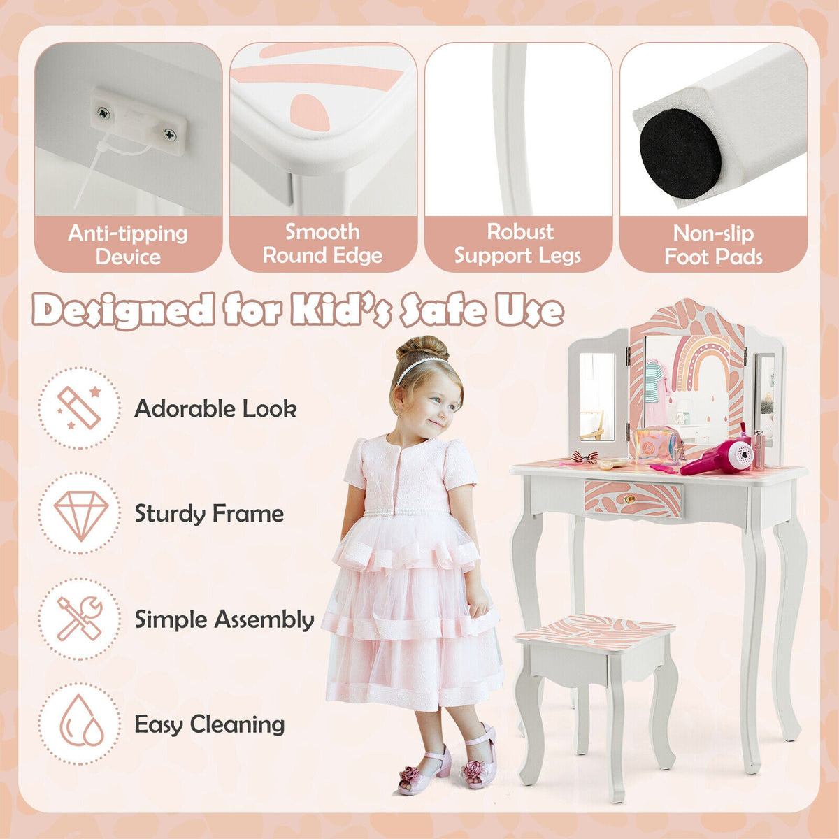2-in-1 Kids Vanity Table Set with Tri-folding Mirror-Pink, photo 7 of 8