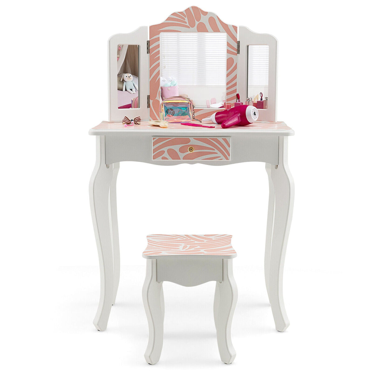 2-in-1 Kids Vanity Table Set with Tri-folding Mirror-Pink, photo 4 of 8
