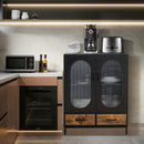 Kitchen Industrial Buffet Sideboard with Tempered Glass Doors-Black by LJGDeals