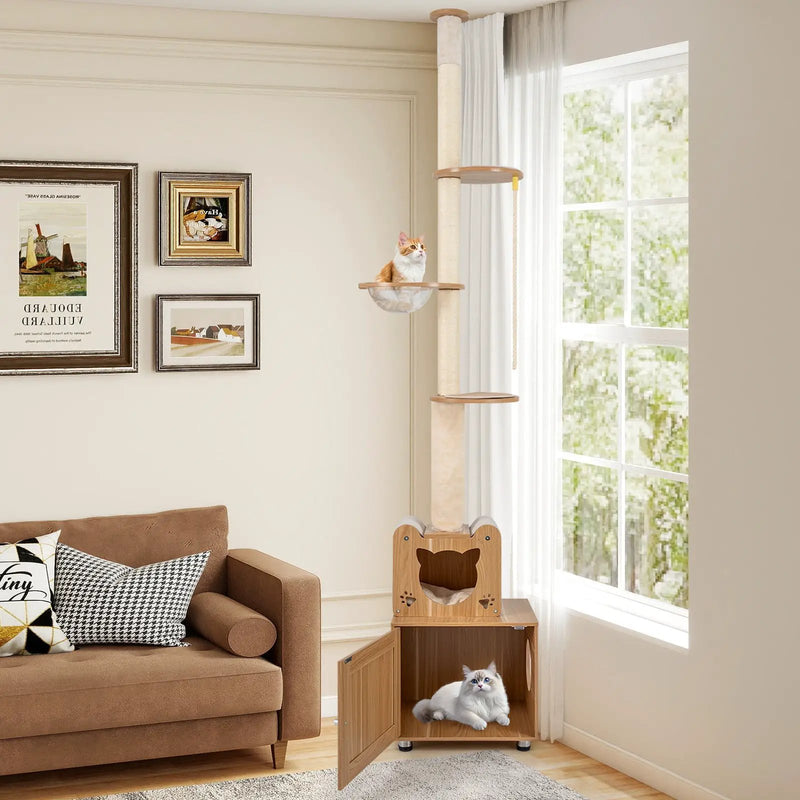 101 Inch Floor to Ceiling Cat Tree Height Adjustable with Litter Box Enclosure-Brown