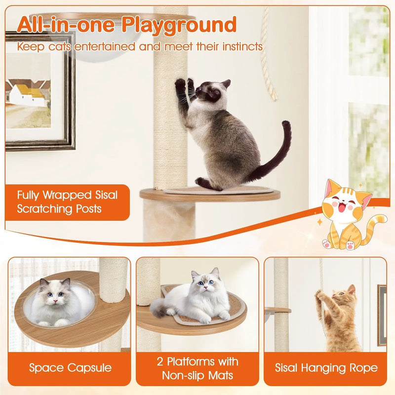 101 Inch Floor to Ceiling Cat Tree Height Adjustable with Litter Box Enclosure-Brown, photo 6 of 8