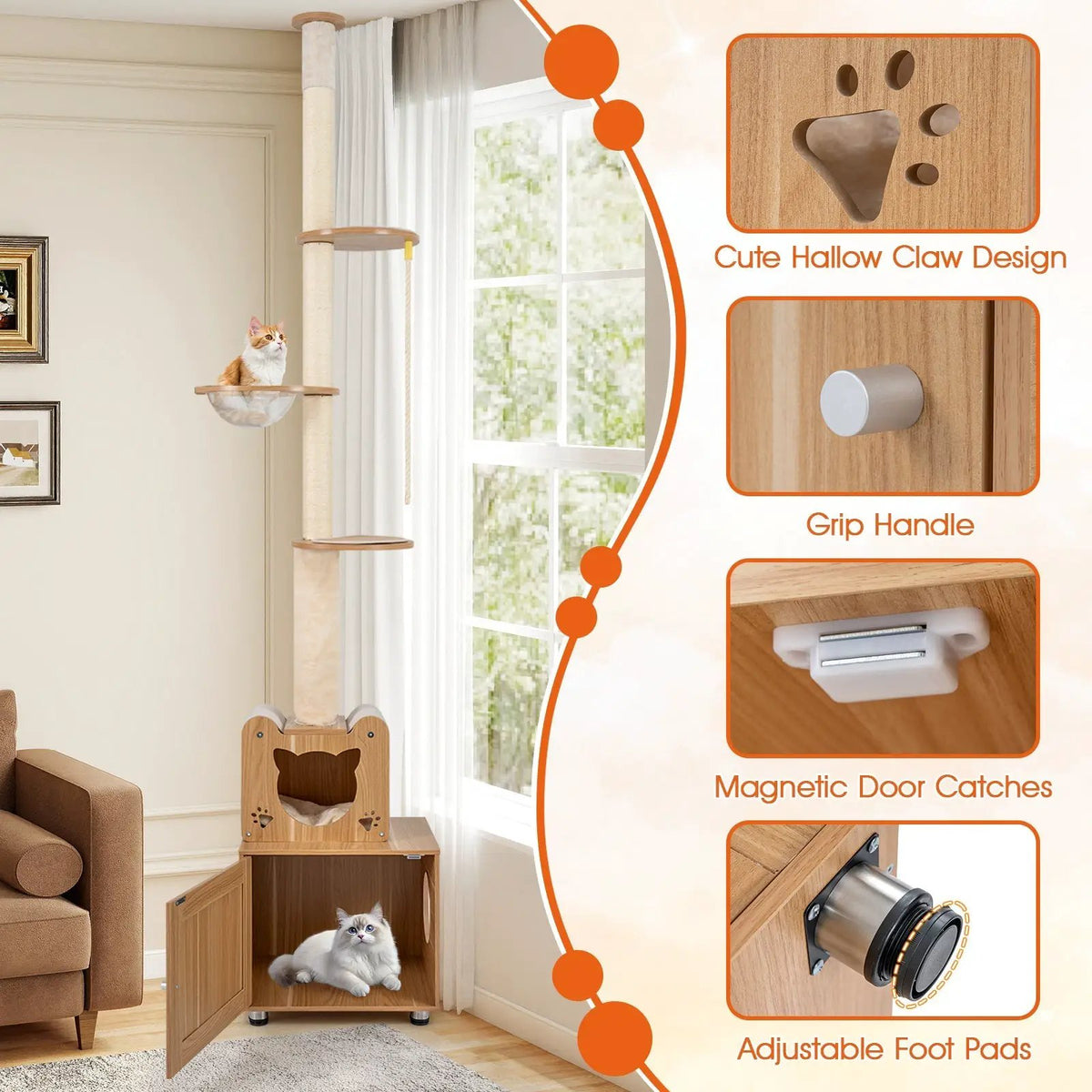 101 Inch Floor to Ceiling Cat Tree Height Adjustable with Litter Box Enclosure-Brown, photo 8 of 8