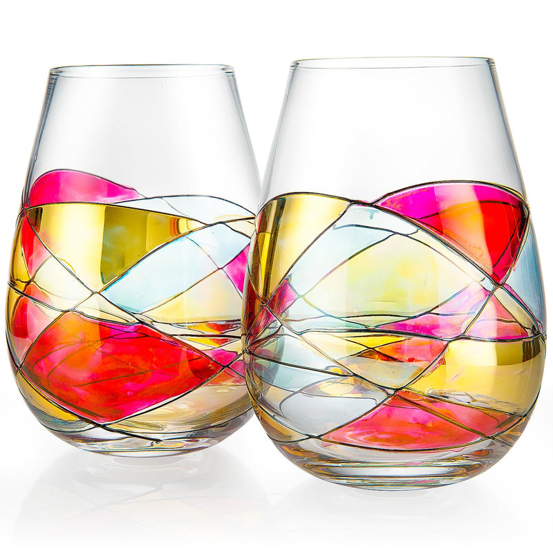 Artisanal Hand Painted Stemless - Gift for Mom, Friends, Girlfriends, Renaissance Romantic Stain-glassed Windows Wine Glasses Set of 2 - Gift Idea for Birthday, Housewarming - Extra Large Goblets