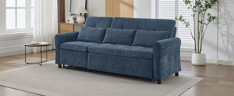2-in-1 Sofa 82' Three-seater Sofa with Sofa Bed and Reversible Recliner, Blue Chenille