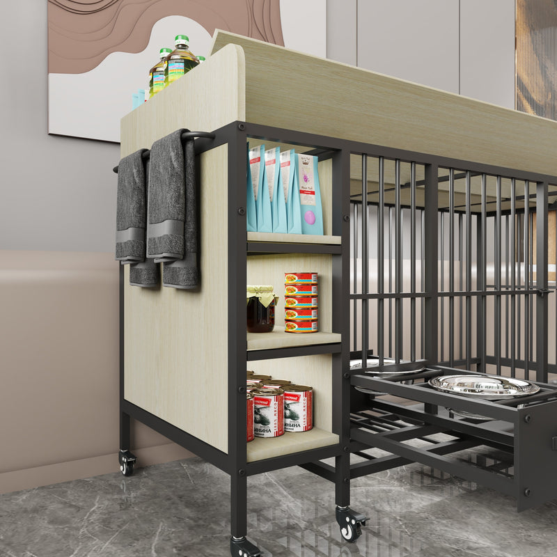 Large pet cage with storage rack, drawers with stainless steel food and water basin, made of iron frame and MDF material, sturdy, exquisite, and practical (black+beige)