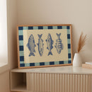 Vintage Fish Quartet on Checkerboard Blue