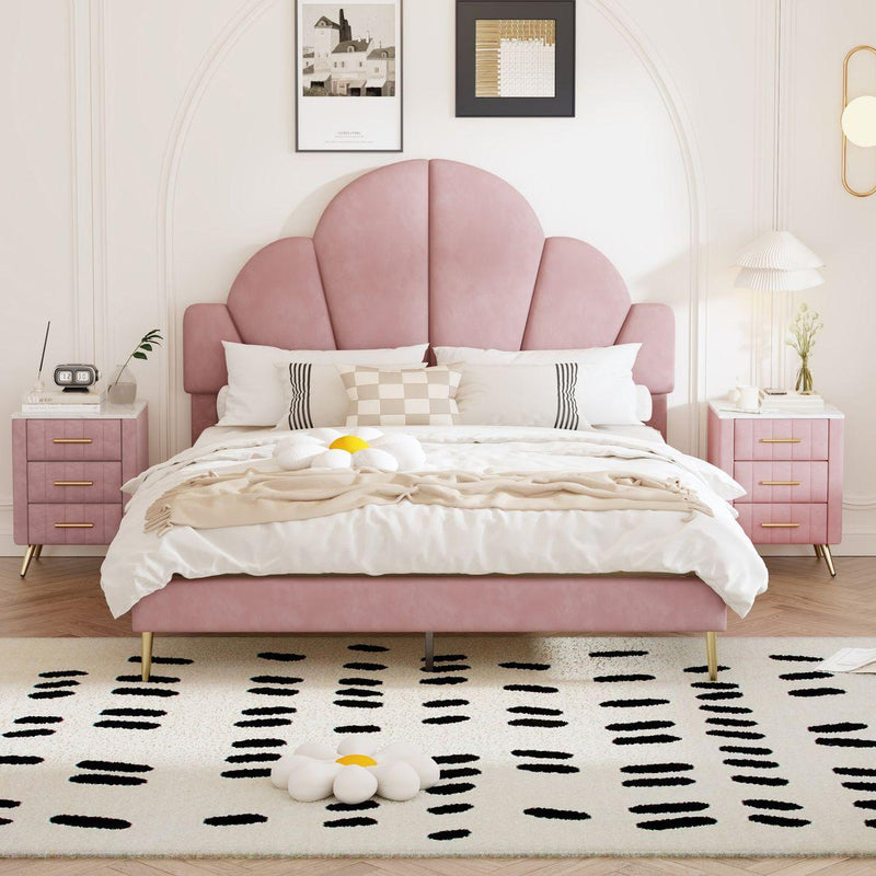 3 Pieces Bedroom Sets, Queen Size Modern Velvet Upholstered Bed Frame with  Petal Shape Headboard, 3 Drawers Nightstands, Pink
