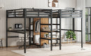 Twin Over Twin Metal Loft Bed with Double Desk and Wardrobe and Shelves with Electrical Outlet for Space Saving and Noise Reduction, woodgrain