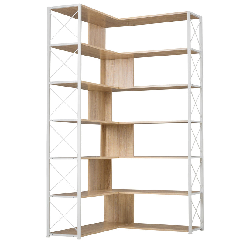 7-Tier Bookcase Home Office Bookshelf, L-Shaped Corner Bookcase with Metal Frame, Industrial Style Shelf with Open Storage, MDF Board