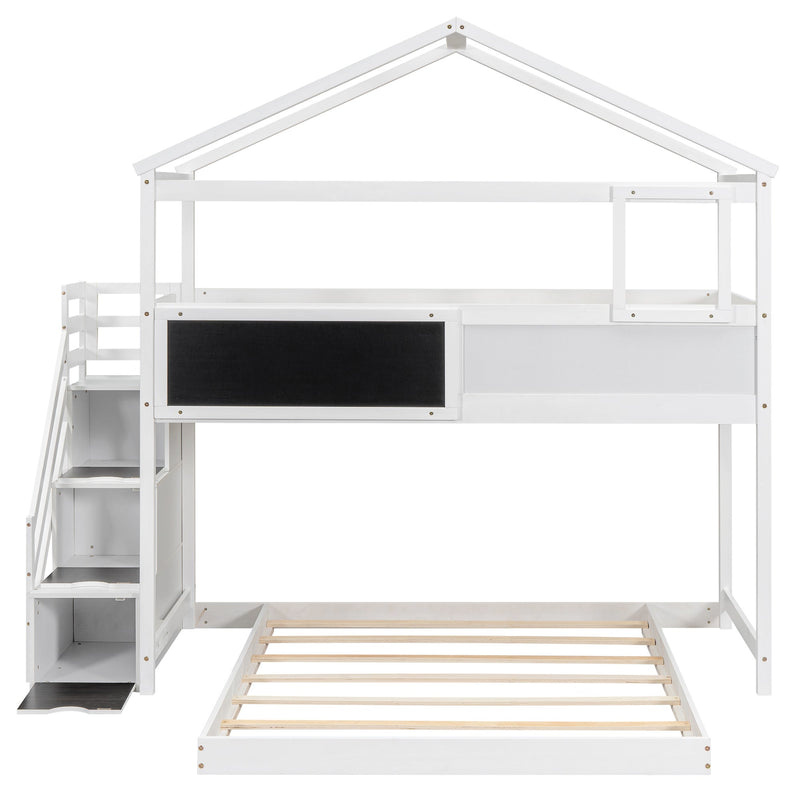 Walker Edison | Twin over Full House Bunk Bed with Storage Staircase and Blackboard, White