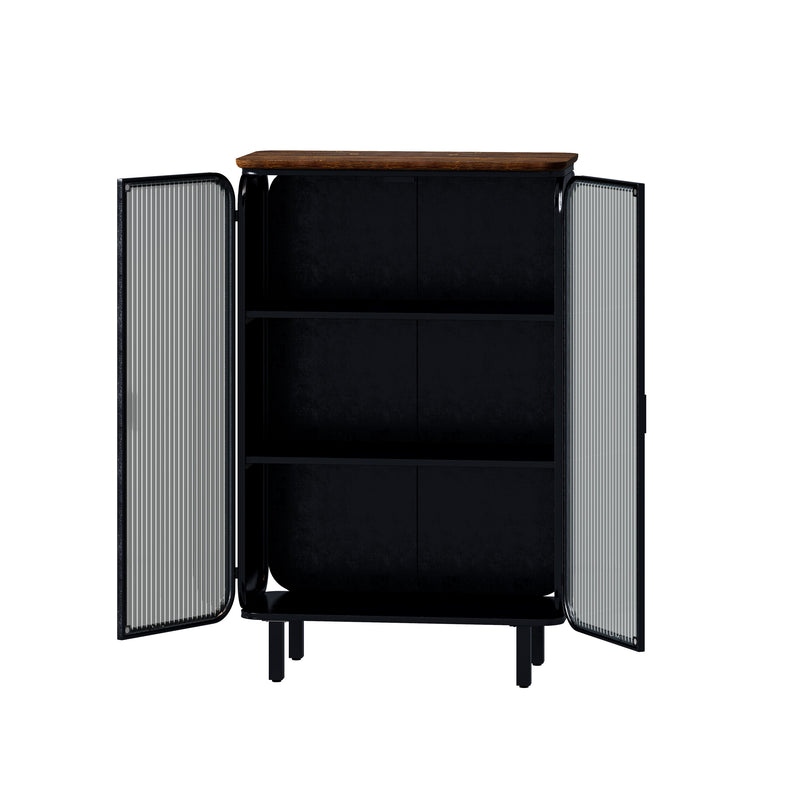 28.35" Glass Doors Modern Two-door Cabinet with Featuring Three-tier Storage, Unique Fir Cabinet Top, for Entryway, Living Room, Home Office, Dining Room